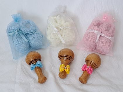 Wooden Baby Rattle & Knitted Bootie Gift Set - Choose Your Colour